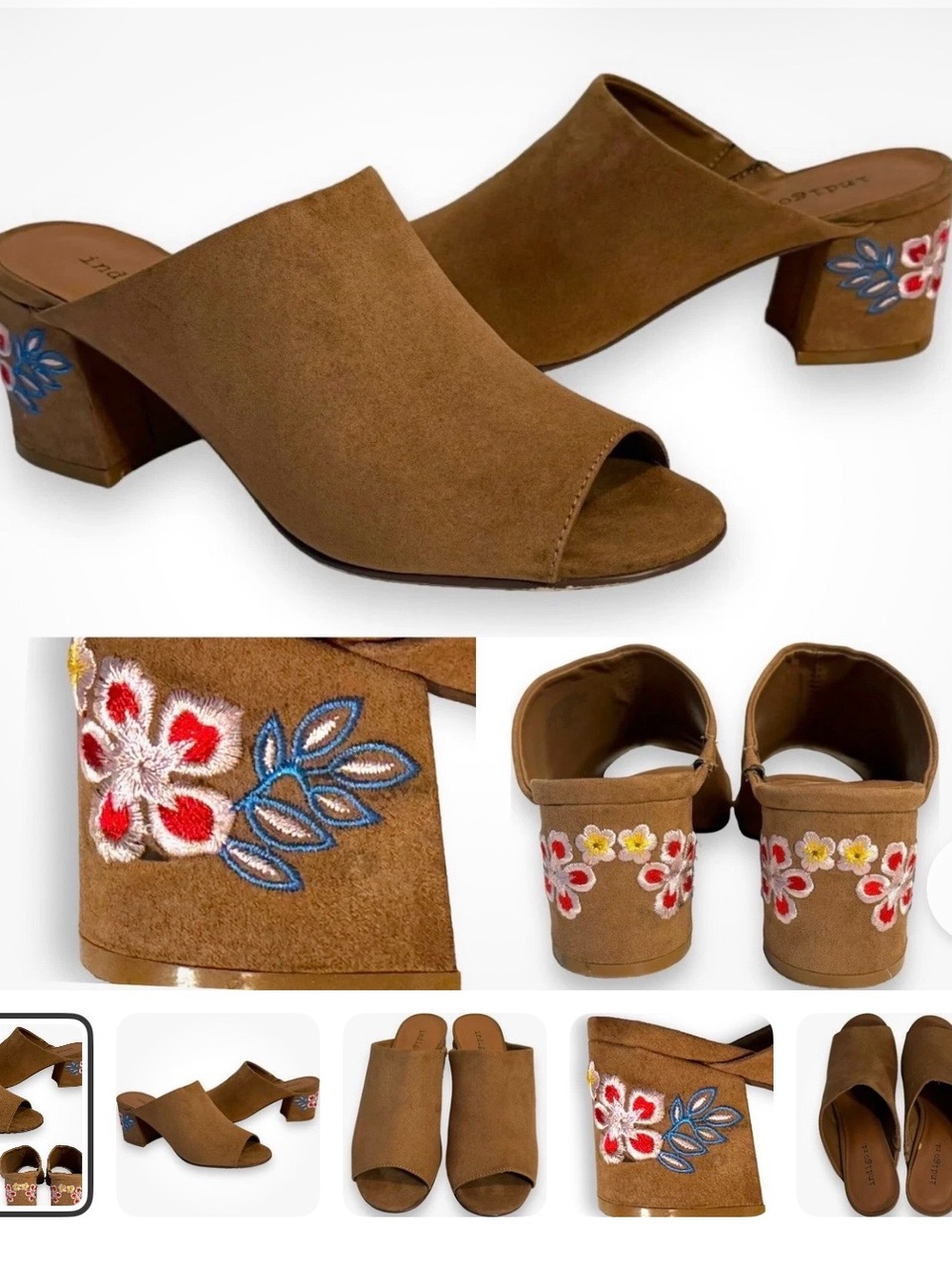 Indigo Rd. Brown Vegan Suede Open-Toe Embroidered Block Heel Mules